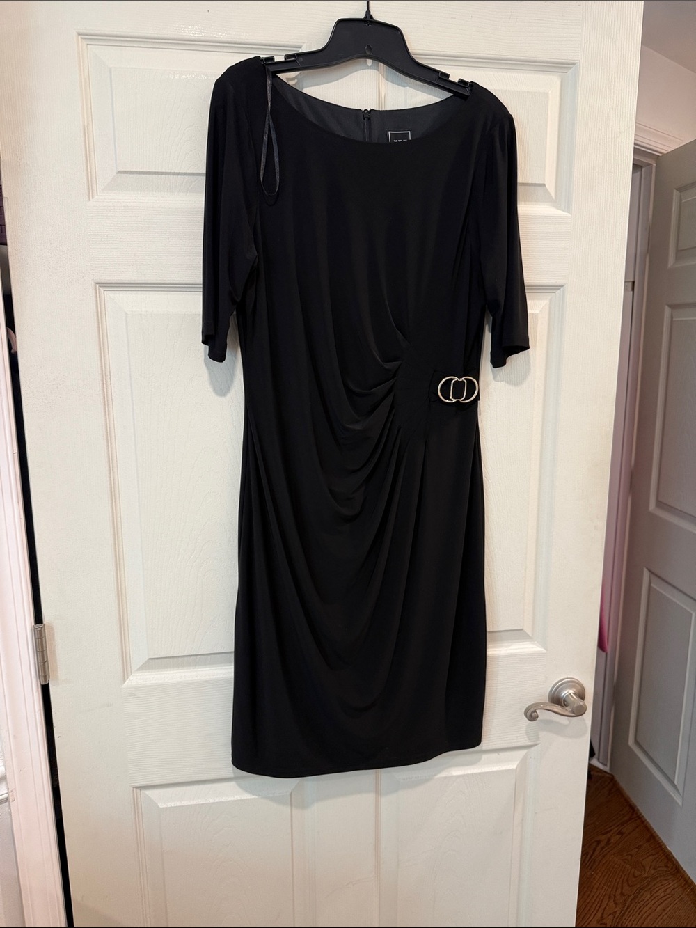 Black Draped Midi Dress with Decorative Buckle